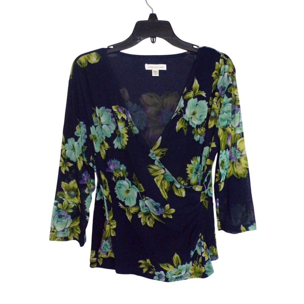 Coldwater Creek Wrap Surplice Top L 14-16 Nylon Mesh Navy Blue Floral Crossover